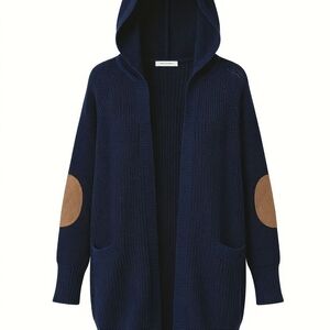 Navy Blue Hooded Cardigan with Tan Elbow Patches